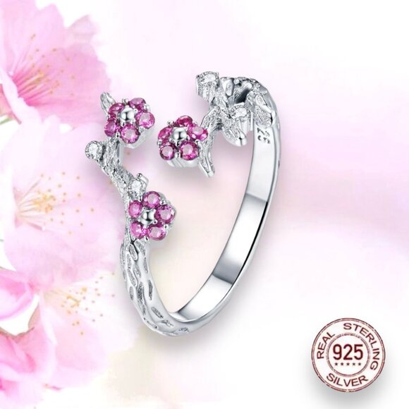 NWT Flower Ring S925 Sterling Silver Pink CZ Cherry Blossom Open Adjustable - Picture 1 of 7